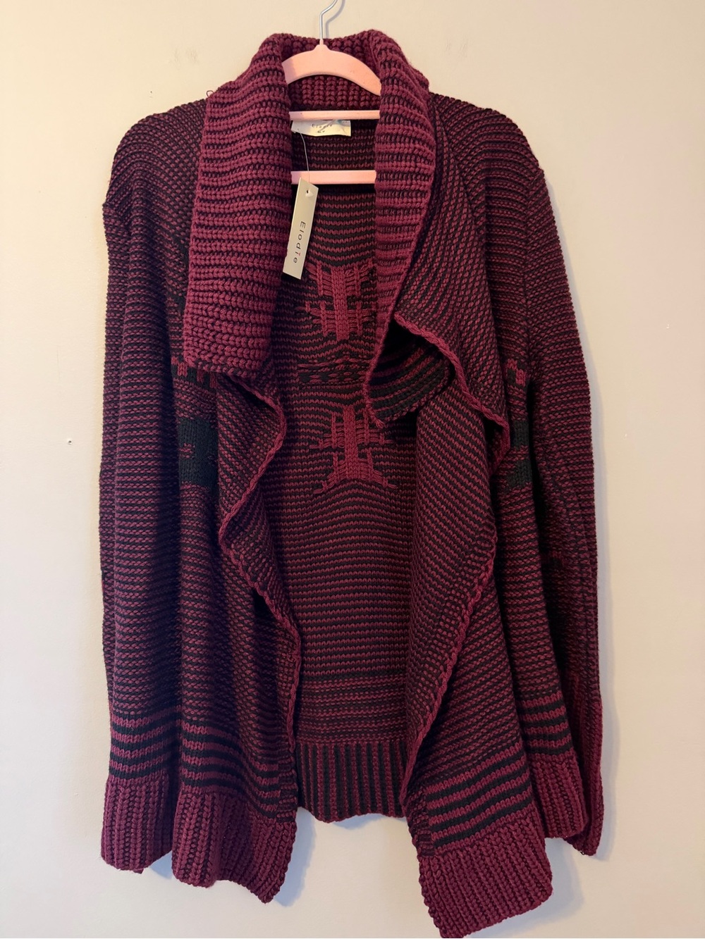 NWT Elodie M Burgundy Black Waterfall Draped Open Front Cardigan